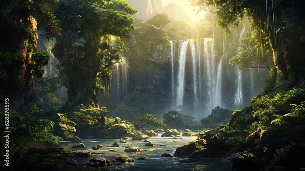 Obraz premium a painting of a waterfall surrounded by trees and rocks in the jungle. generative ai