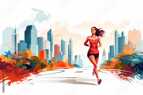  Illustration of a woman jogging in the city, Generative Ai