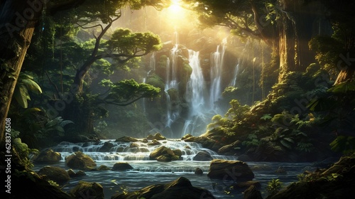  a painting of a waterfall in a forest with sun shining through the trees. generative ai