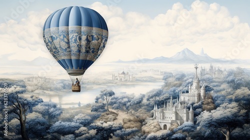  a painting of a hot air balloon flying over a castle. generative ai
