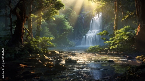 a painting of a waterfall in a forest with sunlight streaming through the trees. generative ai