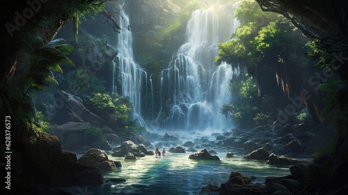  a painting of a waterfall in a forest with people in the water. generative ai