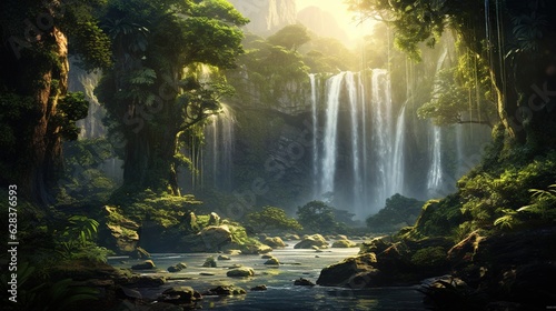  a painting of a waterfall surrounded by trees and rocks in the jungle.  generative ai © Anna
