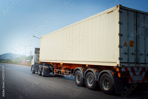 Semi Trailer Trucks Driving on The Road. Cargo Container Shipping, Commercial Truck, Express Delivery Transit, Freight Trucks Logistic, Cargo Transport. 