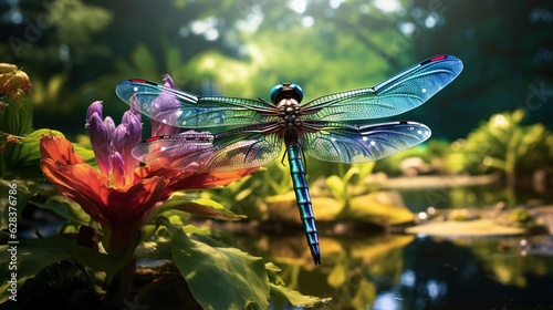  a blue dragon sitting on top of a flower next to a pond.  generative ai © Anna