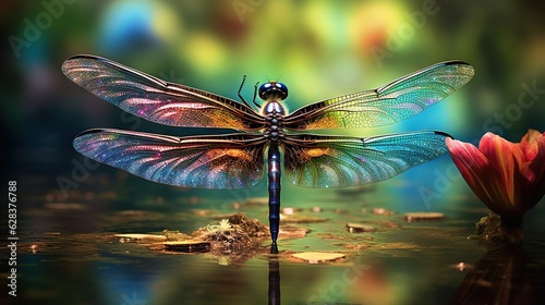  a colorful dragon sitting on top of a body of water.  generative ai © Anna