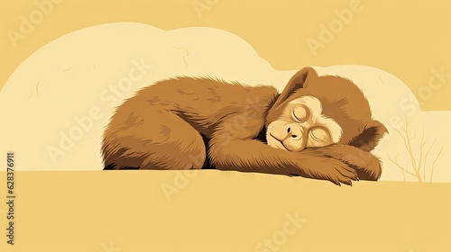  a brown monkey sleeping on top of a sandy ground next to a tree.  generative ai