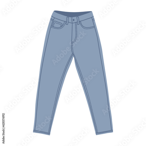 Blue denim pants. Women's high waist jeans, front view.  Modern casual apparel item. Flat vector illustration
