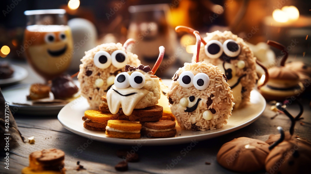 Halloween cookies with funny monsters on a plate. Halloween concept.