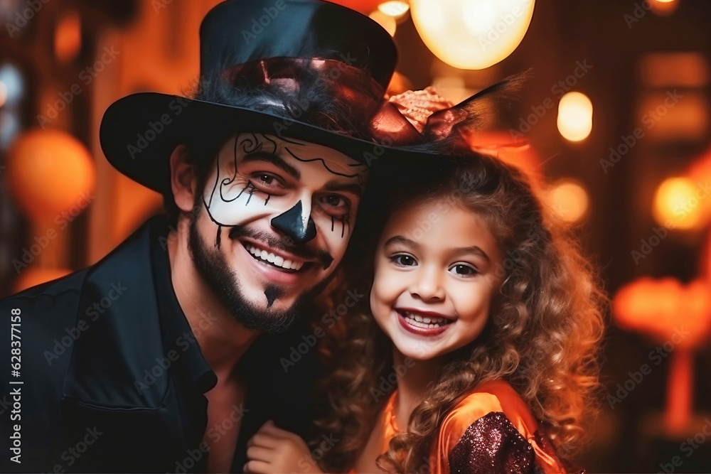 Happy family, father and daughter in costumes and make-up on Halloween celebration. Happy family, father and daughter in costumes and make-up on Halloween celebration.