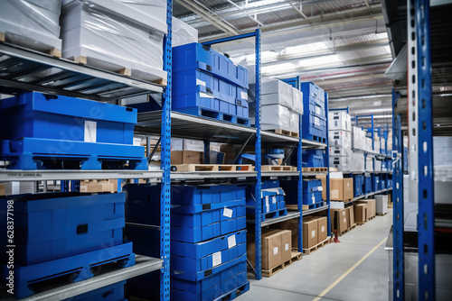 Interior of a modern warehouse. Large space for storing and moving goods. Logistics. Plastic boxes for storing small items.