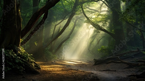  a path in the middle of a forest with sunlight streaming through the trees.  generative ai