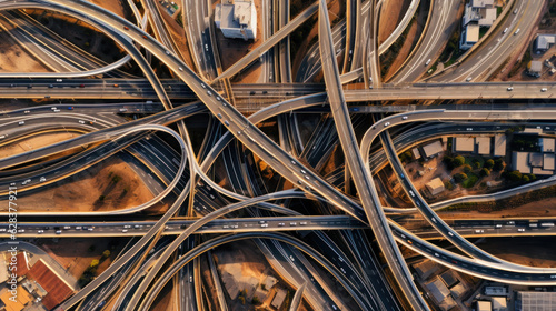 Aerial drone top view photo of highway multilevel junction interchange road in urban populated area