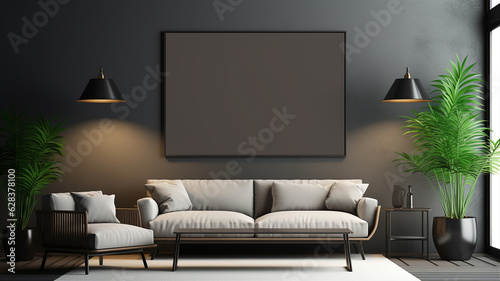 Home Interior, luxury modern dark living room interior with poster frame mockup. Generative AI