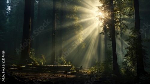  the sun shines through the trees in a forest area. generative ai