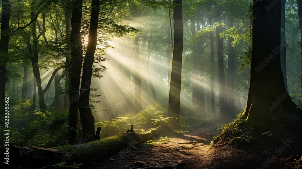 Obraz premium a path in a forest with sunbeams shining through the trees. generative ai
