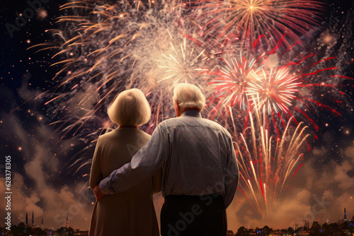 Elderly Man And Woman Gazing Hand In Hand At Spectacular Fireworks Display, Rear View