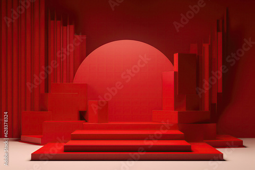 Bold Red Podium With Geometric Shapes And Lines. Mockup For Prodcut