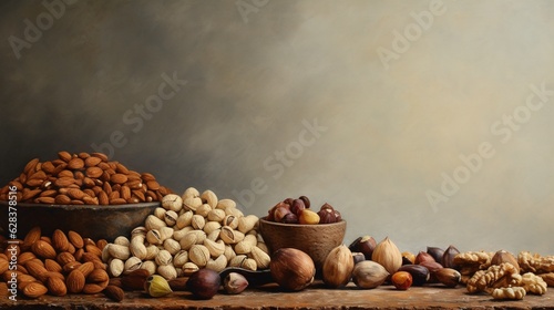  a painting of nuts and a bowl of nuts on a table. generative ai