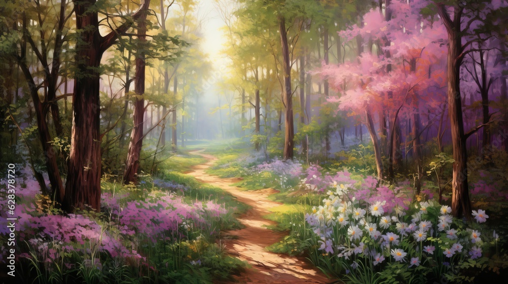 Obraz premium a painting of a path through a forest with flowers and trees. generative ai