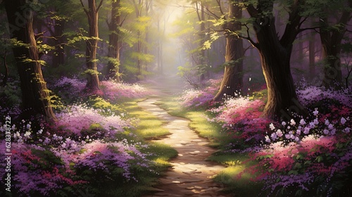  a painting of a path through a forest with flowers and trees.  generative ai
