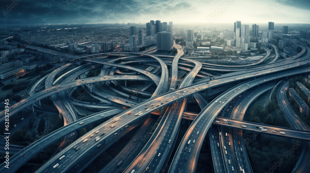 Aerial drone top view photo of highway multilevel junction interchange road in urban populated area Aerial drone top view photo of highway multilevel junction interchange road in urban populated area