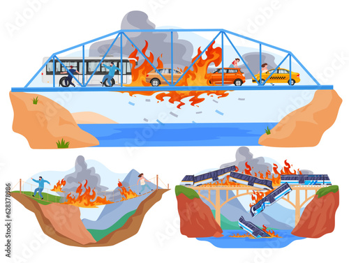 Fire on suspension highway train bridge through river sea and mountain set vector flat