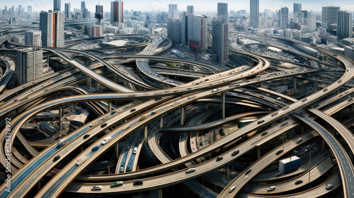 Aerial drone top view photo of highway multilevel junction interchange road in urban populated area