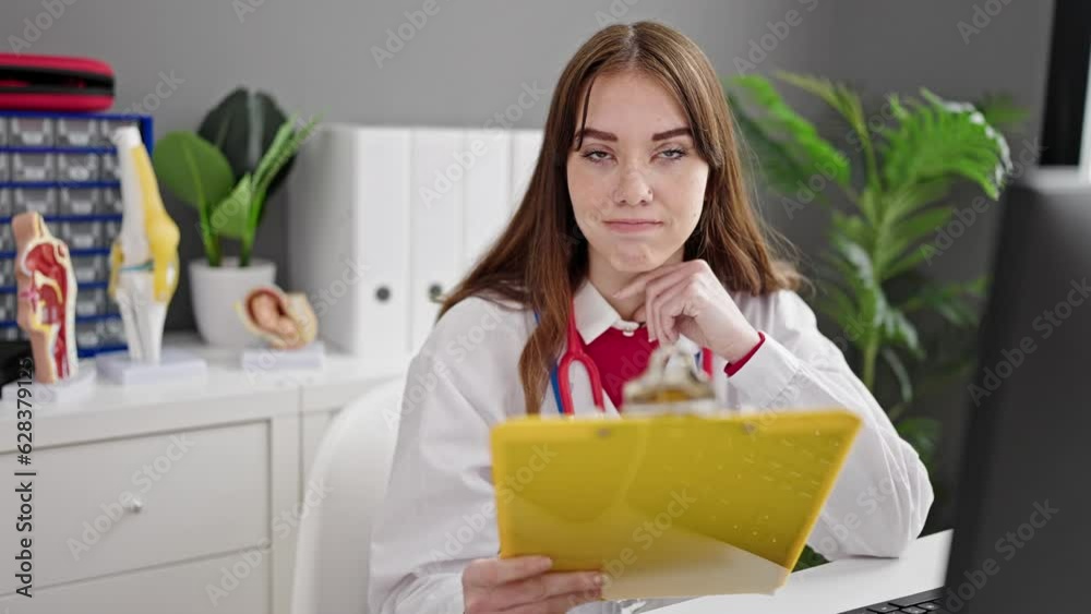 Young hispanic woman doctor reading medical report saying no with head at clinic Young hispanic woman doctor reading medical report saying no with head at clinic