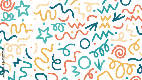 Abstract background pattern. Vector seamless repeat of doodle squiggles and dots. Design element. Colorful line doodle seamless pattern