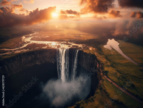 Sunset  a waterfall covering most of the cliff erupts from the steep cliff  with fields connecting the sky. A bird s-eye view  high angle view  long shot. AI generated