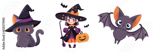 Cute vector nautical set. Children's illustrations on white background. Cute girl in witch costume with broom and pumpkin, cat in witch hat and bat . Vector illustration