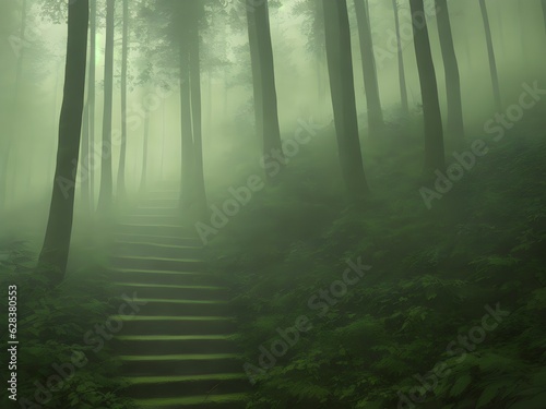 Mysterious stairs in gloomy forest  Generative AI Illustration