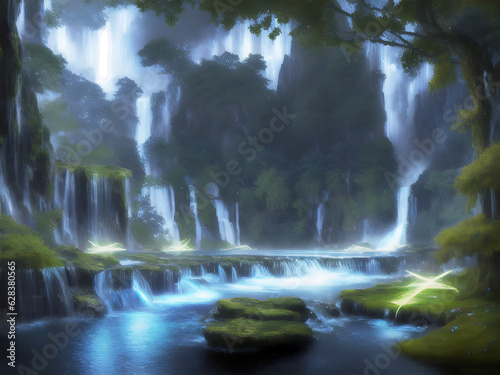 Waterfall with luminous creatures, Generative AI Illustration