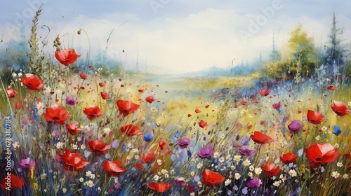  a painting of a field of flowers with a sky background. generative ai