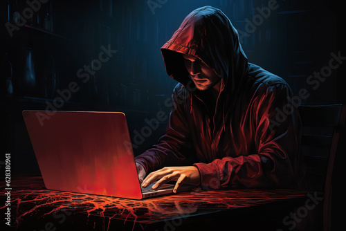 A man in a hoodie using a laptop in a dark room.