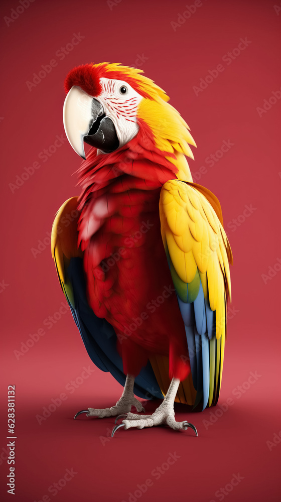 A colorful parrot against a red background.