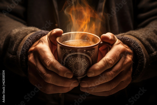 Close-up of senior hands holding steaming mug of hot chocolate.