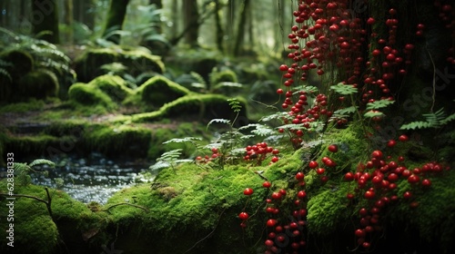  a mossy forest with red berries growing on the trees. generative ai