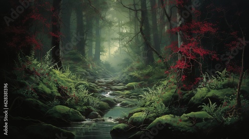  a painting of a forest with a stream running through it. generative ai