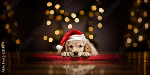 A golden retriever puppy wearing a red Santa Claus hat lies on a bedding bed against a backdrop of festive Christmas bokeh lights.