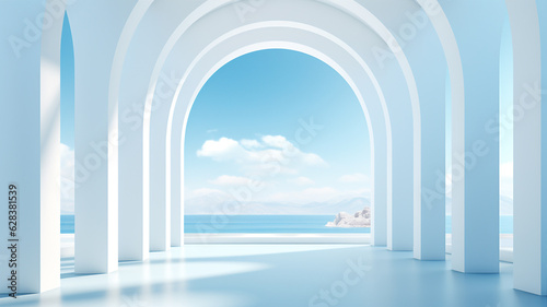 Minimalist white and light blue architectural background with slanted columns. Generative AI