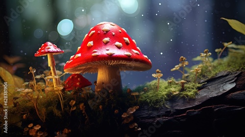  a red mushroom sitting on top of a moss covered forest. generative ai