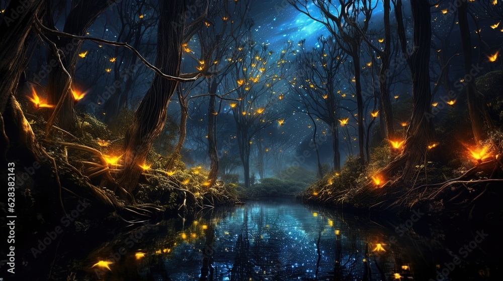 Fototapeta premium a painting of a dark forest with fireflies on the trees. generative ai