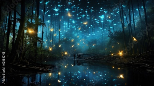  a forest filled with lots of fireflies flying over a lake.  generative ai