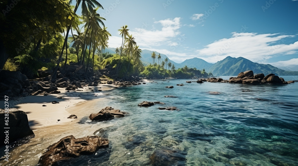 Tropical beach with rocks and palms on the island Tropical beach with rocks and palms on the island