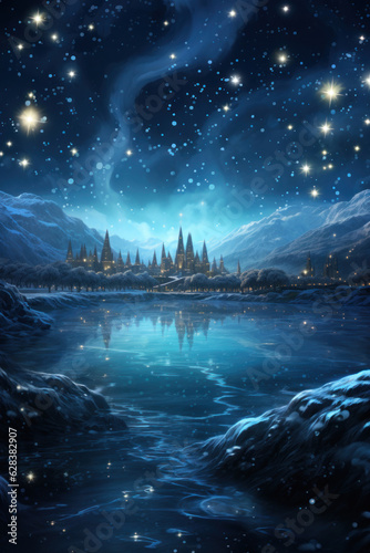 Frozen lake with starry lights in the sky and snow-covered banks.