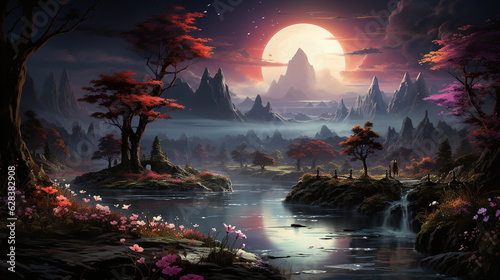 Fantasy landscape with a pond and flowers