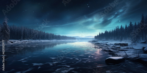 A frozen lake with star lights in the sky and snow-covered wooded banks.