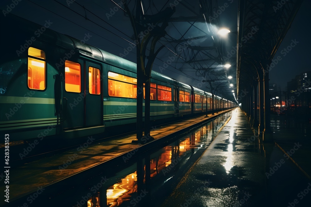Fototapeta premium Railway station at night. Train platform in fog. Railroad